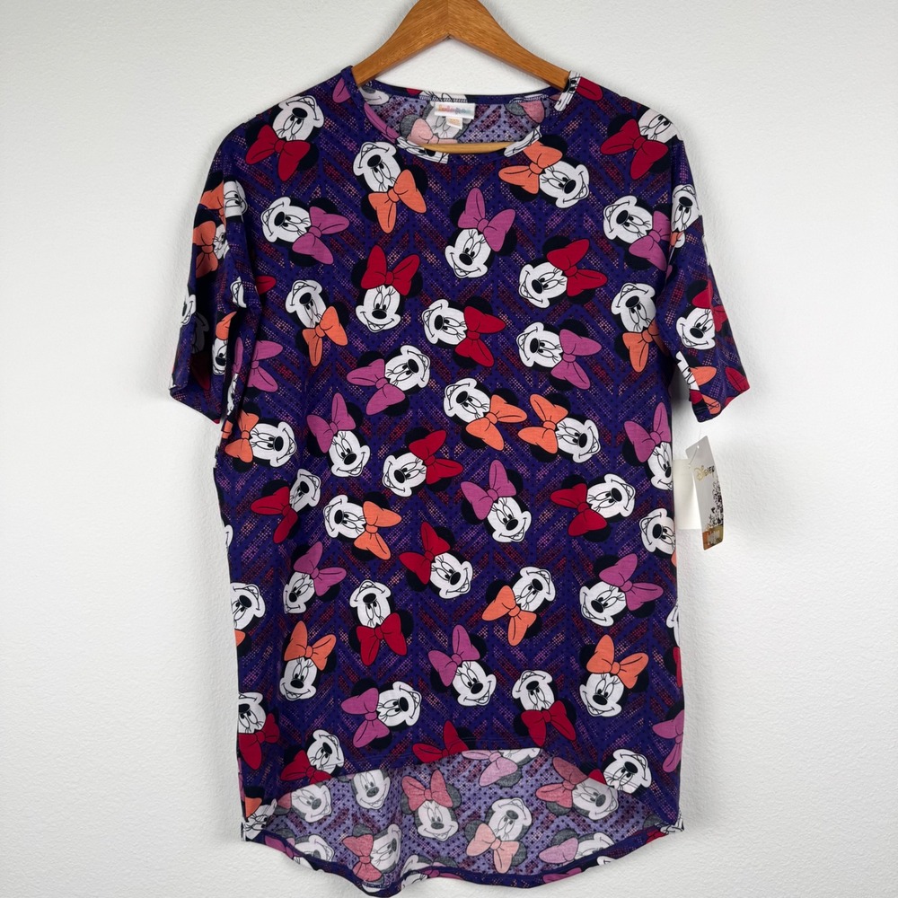 LuLaRoe Irma Tunic Top Women XXS Purple NEW Disney Minnie Mouse High Low Casual
